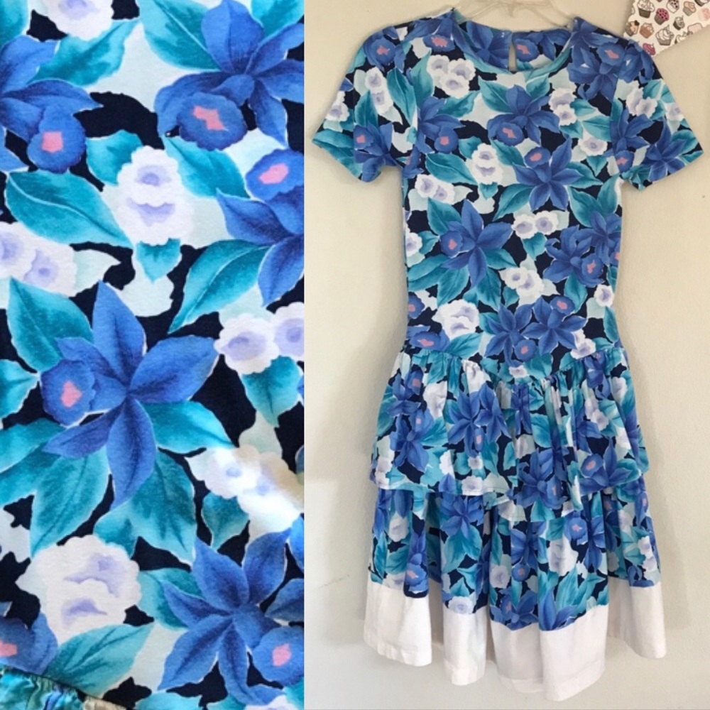 Vintage 80s Blue Floral Dress Size 4/6